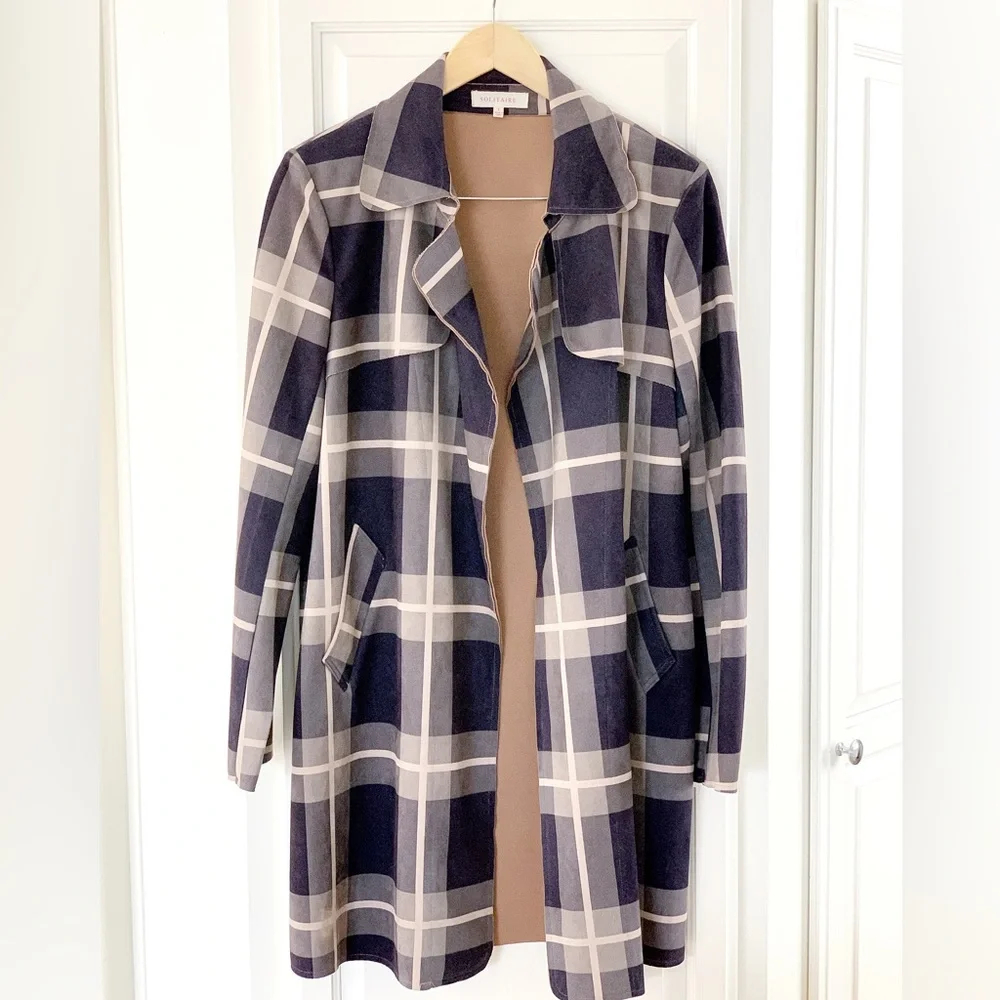🧥SOLITAIRE Plaid Faux Suede Trench Coat - Picture 3 of 11